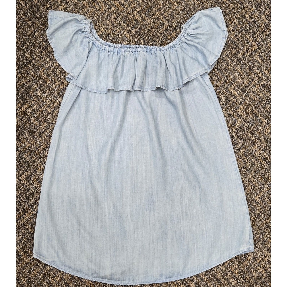 Light Blue Wash Flowy Bubble‎ Design Off Shoulder Sleeves Flirty Babydoll Mini